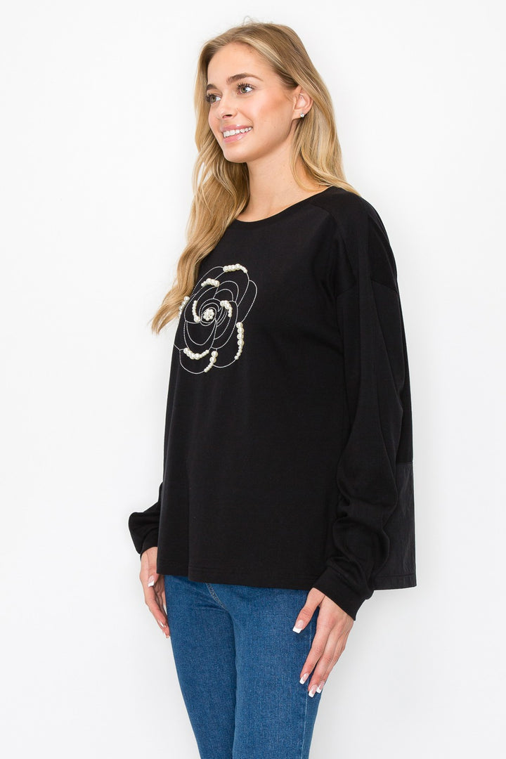 rachel flower design black sweater top