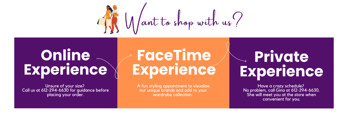 Promotional banner with options for online, FaceTime, and private shopping experiences.