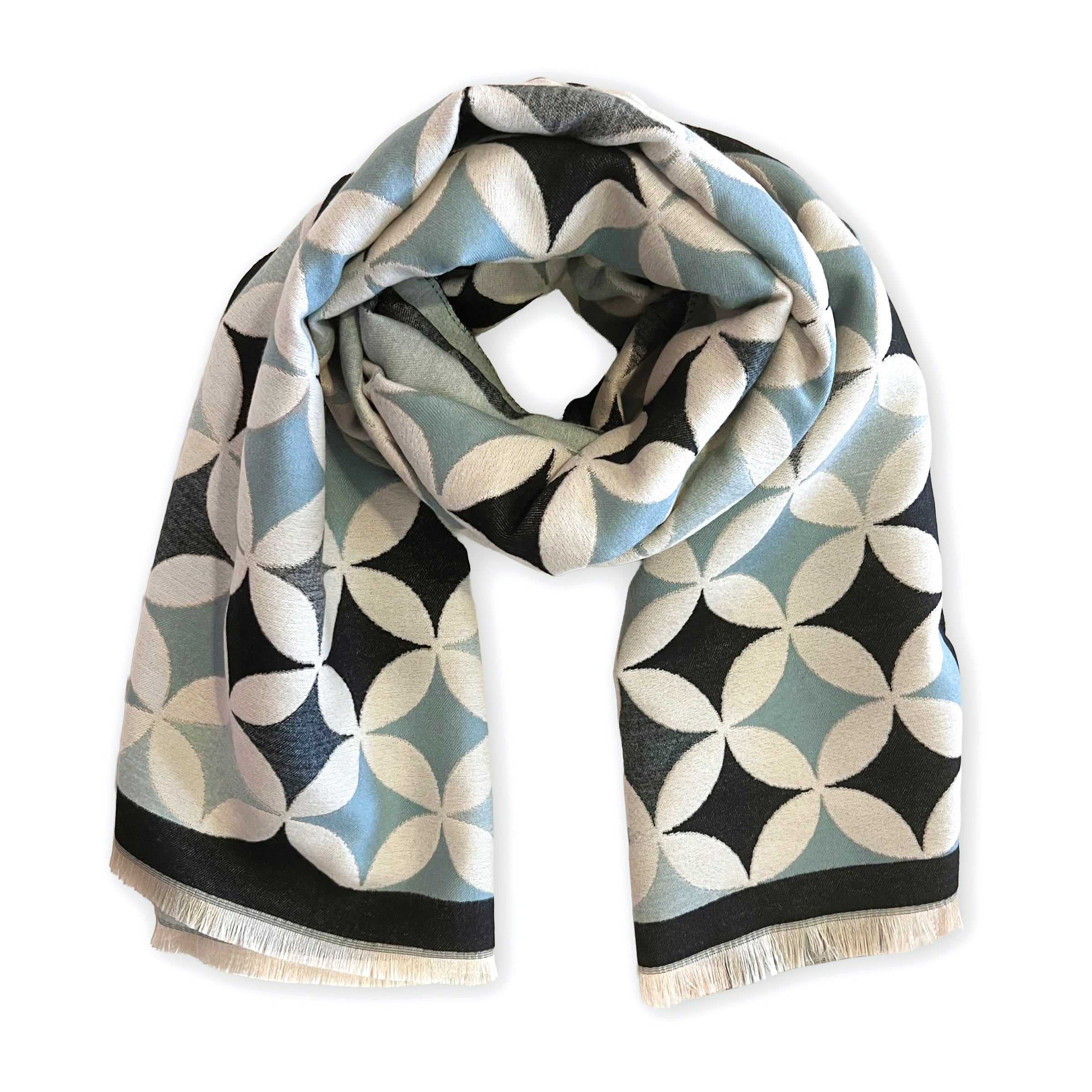 Geometric patterned scarf with black, blue, and beige colors on a white background