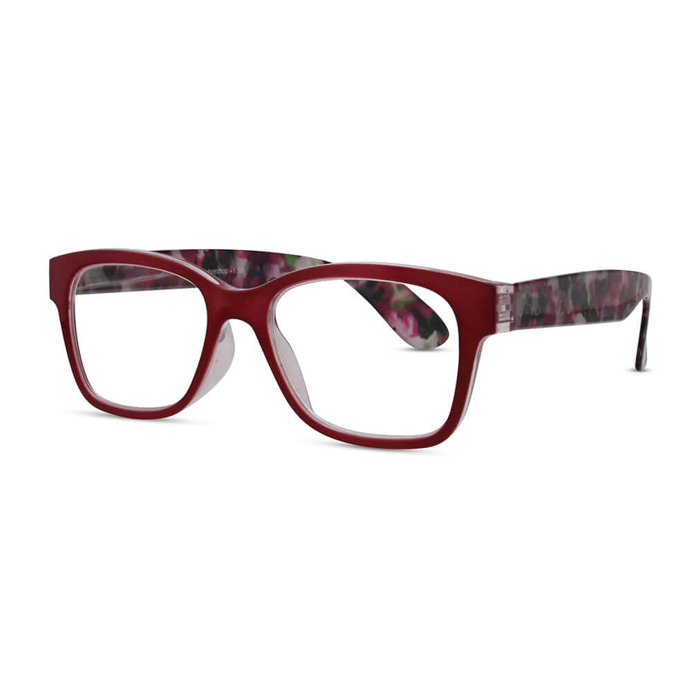 A pair of red eyeglass readers with a floral pattern on the arms, strength 1.25.